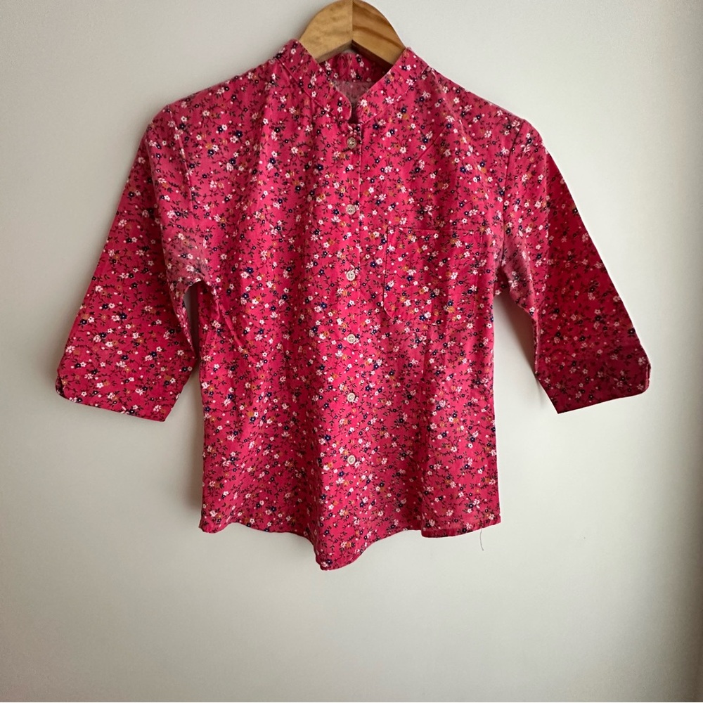 Floral Print Pink Mandarin Collar Women's 3/4 Sleeves Top